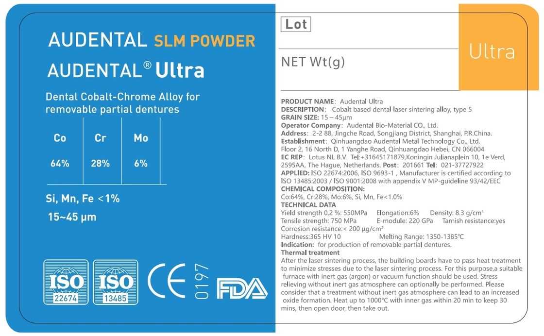 Audental Ultra SLM Powder/COCRMO/CE, FDA, IDENTLOY/PRIMAGEM DE METAL 3D Dental