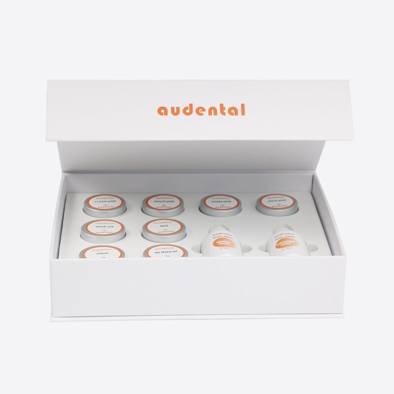 Equipamento de laboratório dentário com sistema de coloração para textura de superfície realista e esmalte brilhante em restaurações dentárias