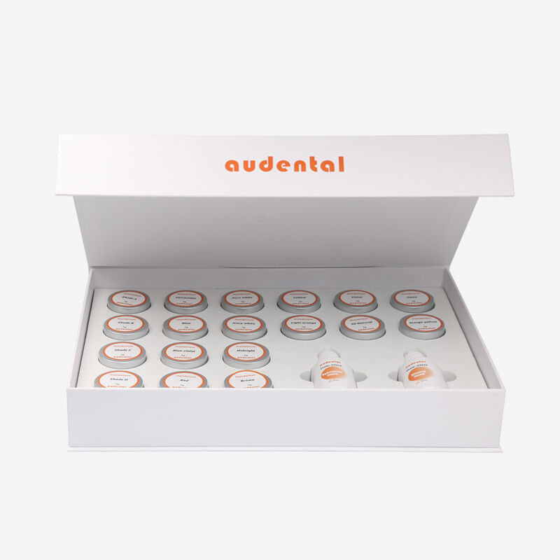 Equipamento de laboratório dentário com sistema de coloração para textura de superfície realista e esmalte brilhante em restaurações dentárias