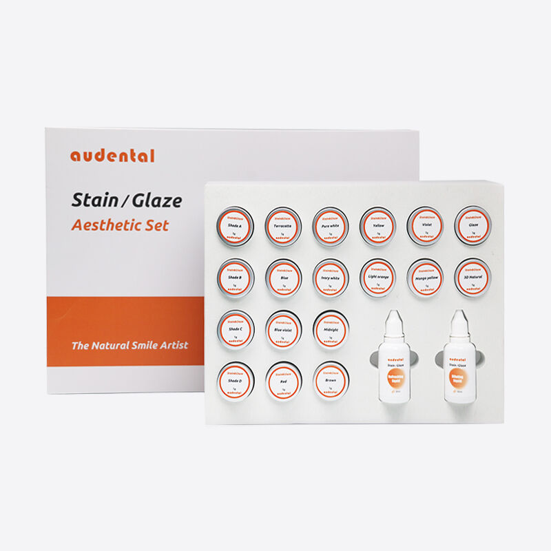 Equipamento de laboratório dentário com sistema de coloração para textura de superfície realista e esmalte brilhante em restaurações dentárias
