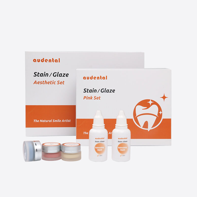 Equipamento de laboratório dentário com sistema de coloração para textura de superfície realista e esmalte brilhante em restaurações dentárias